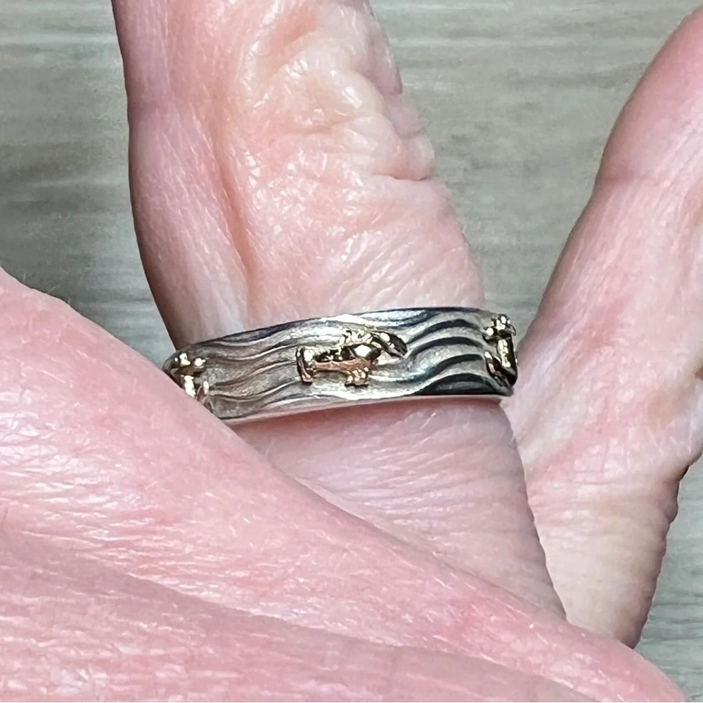 Handmade Sterling Silver & 14K Gold Nautical Anchor & Lobster Band Ring, Size 7